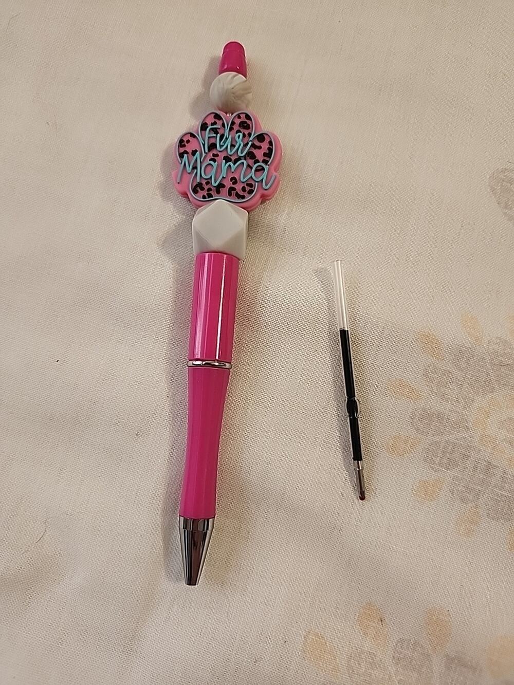 Bead Pen Fur Momma Pet Paw Silicone Beads Pink & Grey Extra Ink Cartridge